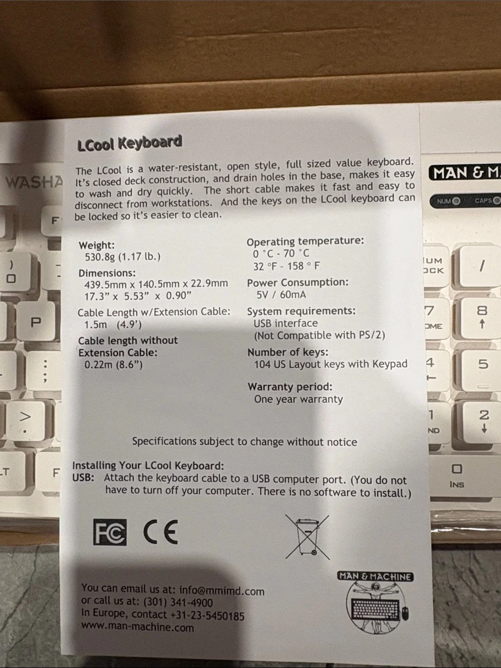 Man & Machine Washable Keyboard White